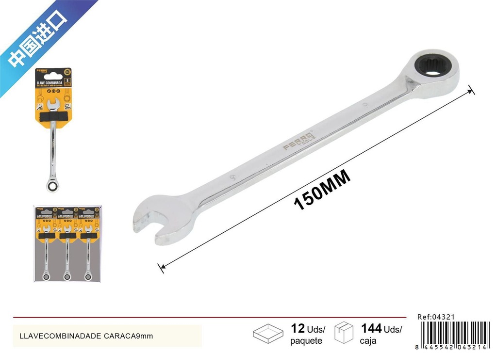 Llave combinada de carraca 9mm para herramientas y ferretería