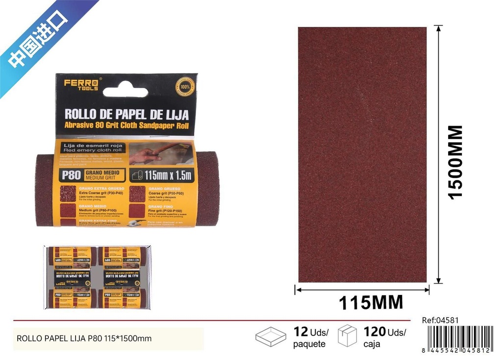 Rollo de papel lija P80 115x1500mm