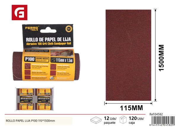 Rollo de papel lija P100 115x1500mm para lijado de madera y metal