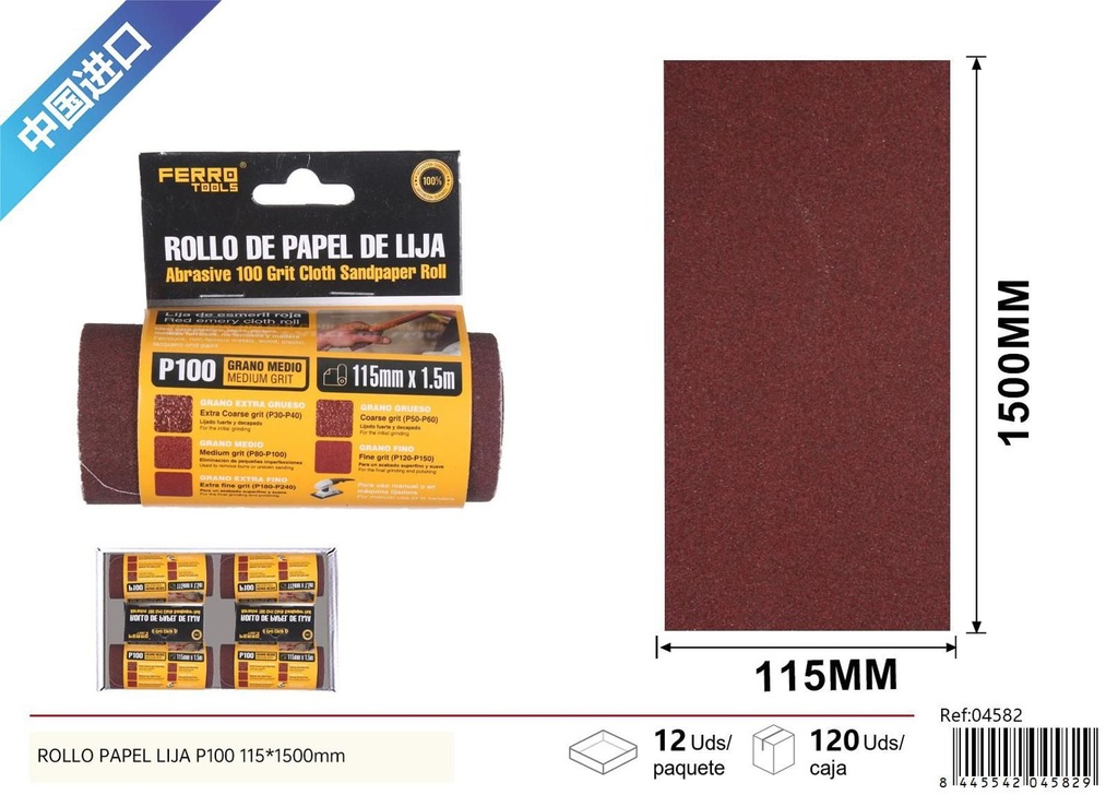 Rollo de papel lija P100 115x1500mm para lijado de madera y metal