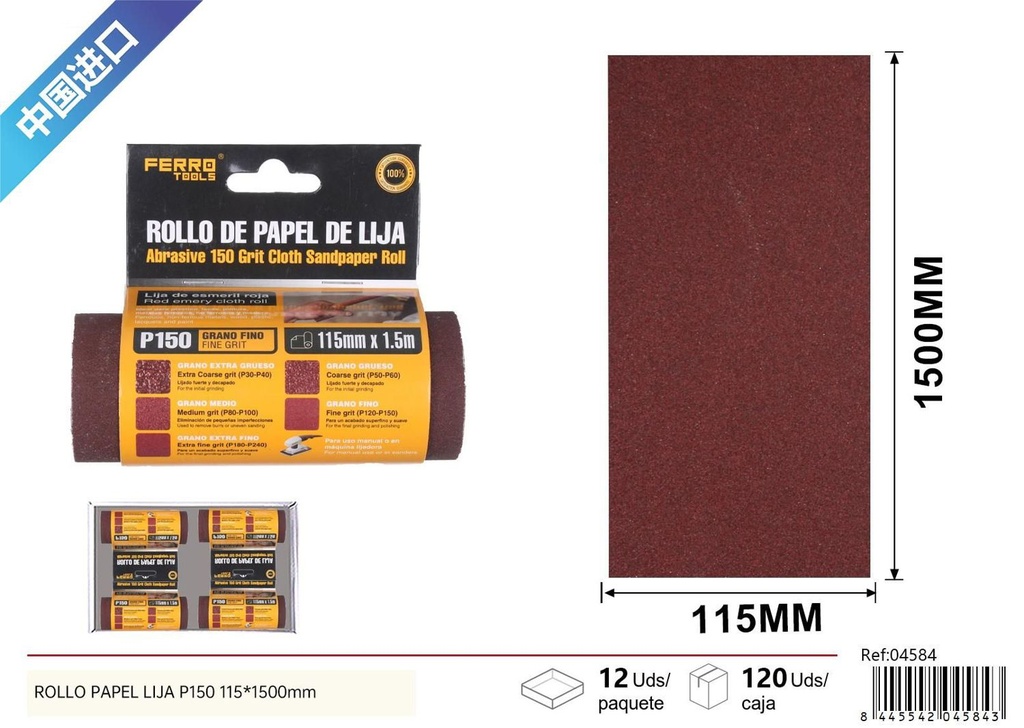 Rollo de papel lija P150 115x1500mm para carpintería