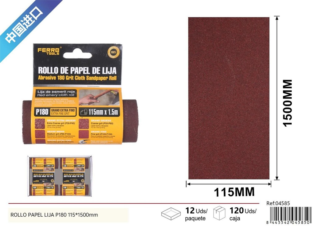 Rollo de papel lija P180 115x1500mm para lijado