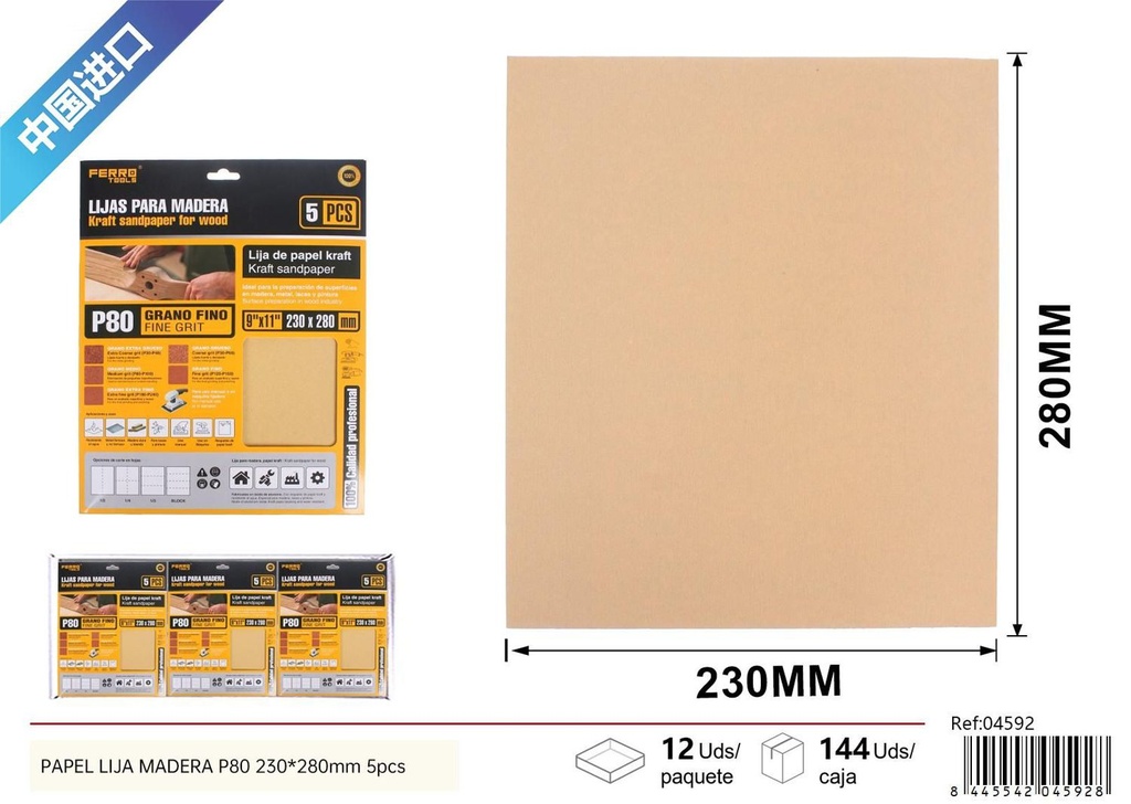 Papel lija P80 230*280mm 5pcs - Herramientas de ferretería