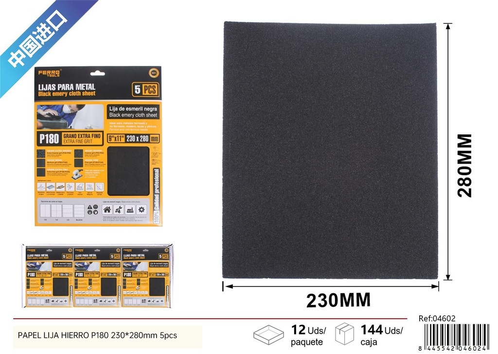 Papel de lija P180 230x280mm 5 piezas - Herramientas de ferretería