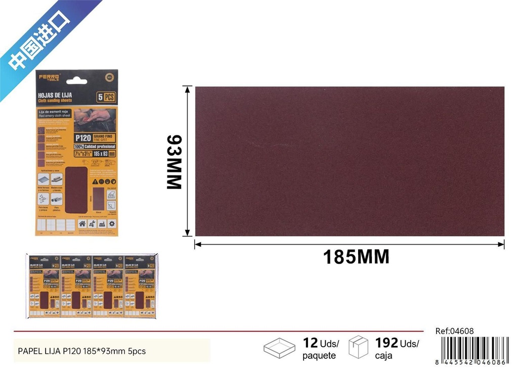 Papel de lija P120 185*93mm - 5 pcs, herramientas de ferretería