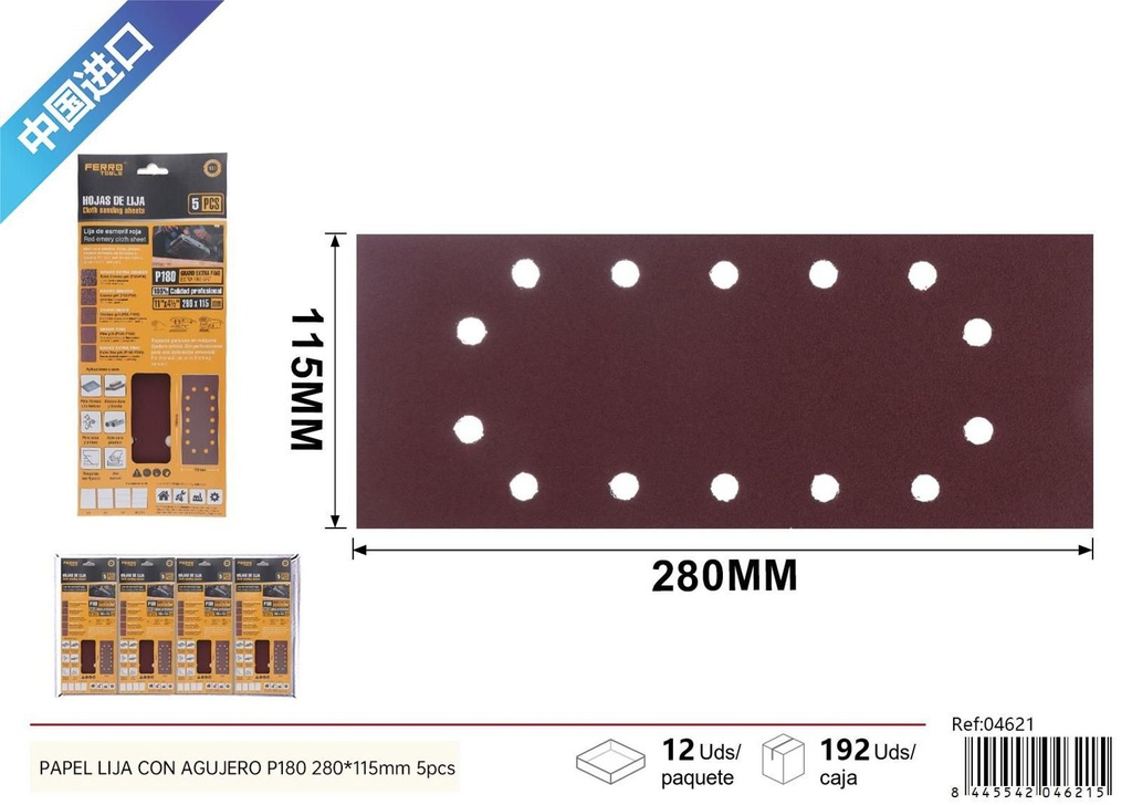 Papel lija con agujero P180 280x115mm 5pcs para lijado