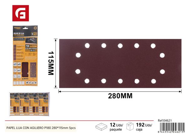 Papel lija con agujero P180 280x115mm 5pcs para lijado