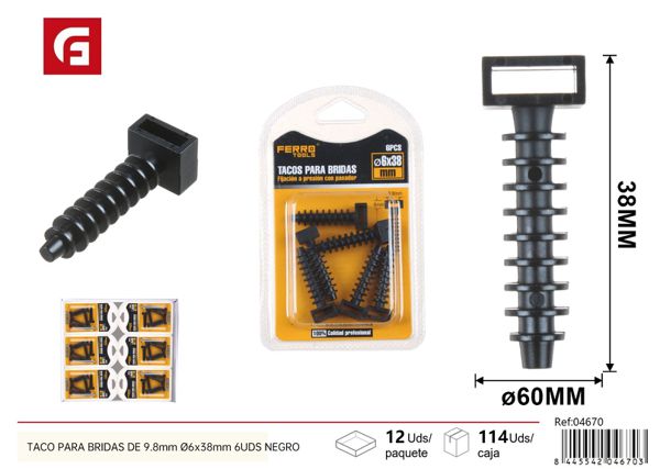 Taco negro para bridas de 9.8mm Ø6x38mm 6pcs para fijación