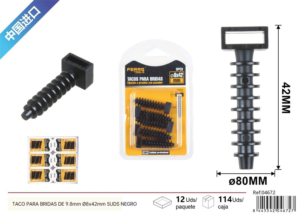 Taco negro de nylon para bridas de 9.8mm Ø6*42mm 5pcs