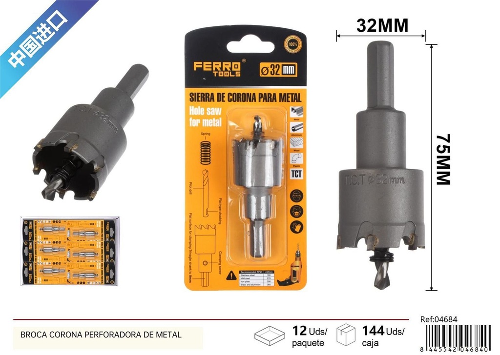 Broca corona perforadora de metal 32 mm - Herramientas de ferretería