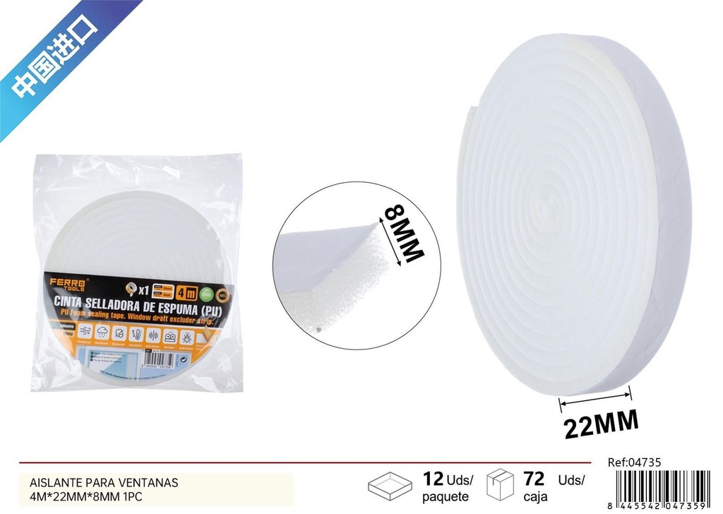 Aislante para ventanas 4m x 22mm x 8mm - Burletes para puertas