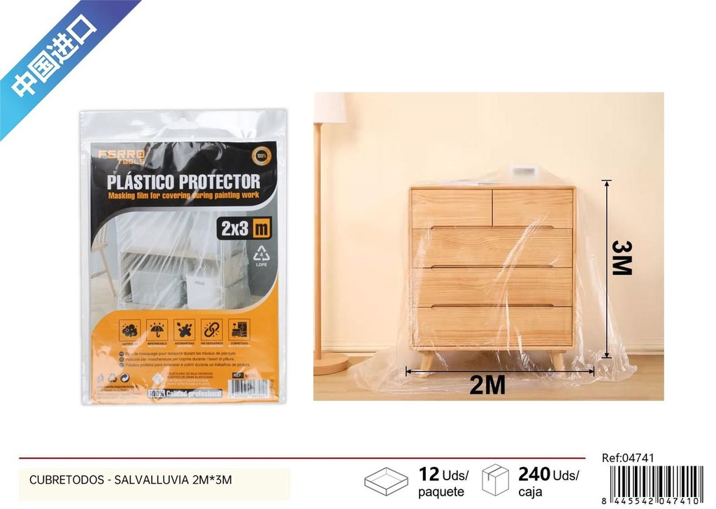 Cubretodo de plástico transparente LDPE 25µm 2x3m para protección en pintura