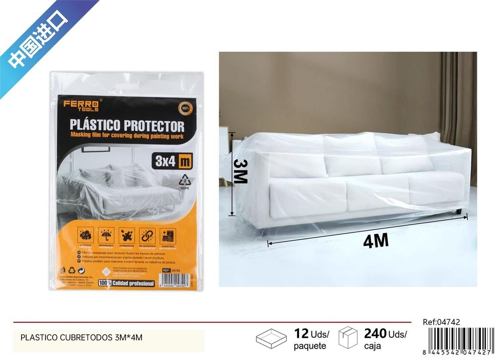 Plástico cubretodo 6µm 3x4m para protección de superficies durante la pintura