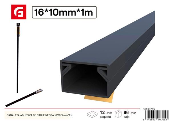 Canaleta adhesiva de cable negra 16x10x9mm x 1m para organización de cables