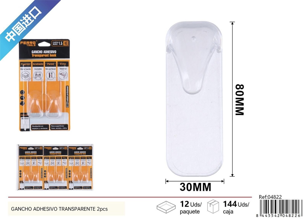 Gancho adhesivo transparente 2 piezas - Accesorios de ferretería