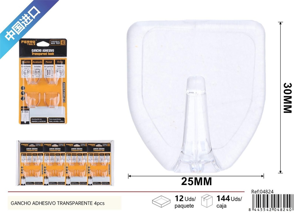 Gancho adhesivo transparente 4 pcs - Accesorios de ferretería
