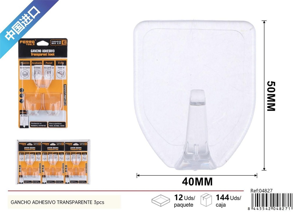 Gancho adhesivo transparente 3pcs para colgar