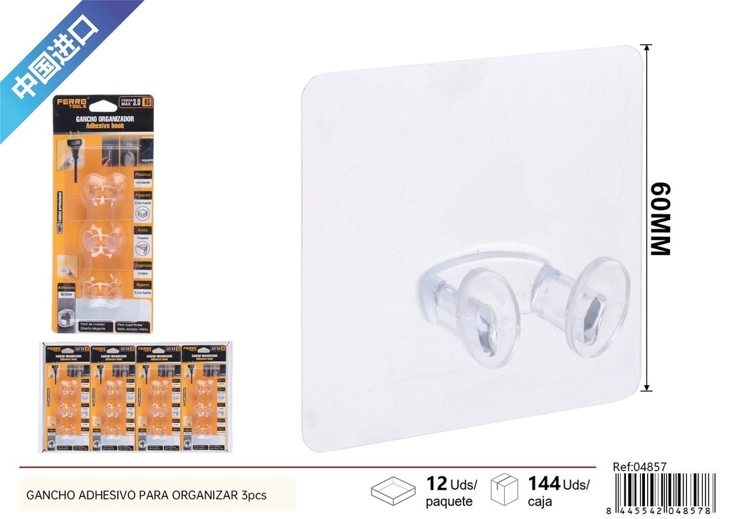 Gancho adhesivo para organizar 3 piezas 6x6cm - Accesorios de ferretería