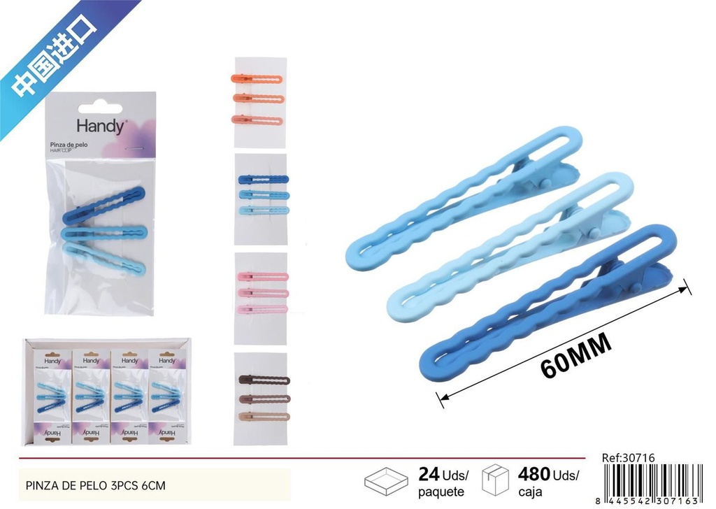 Pinza de pelo 3 pz 6 cm - Accesorios de belleza