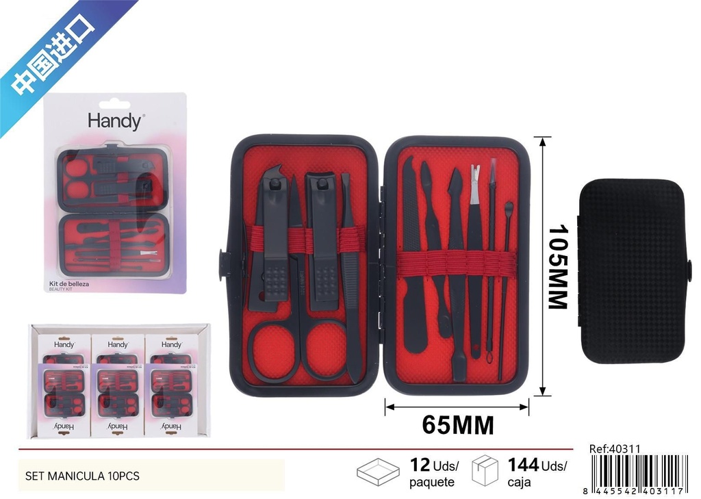 Set de manicura 10 pcs negro (acero inoxidable y PU) - Accesorios de belleza 