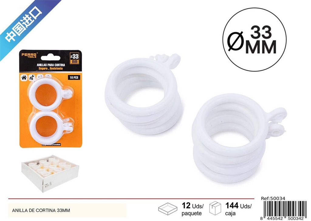 Anillas de cortina de baño blancas 33mm 10pcs