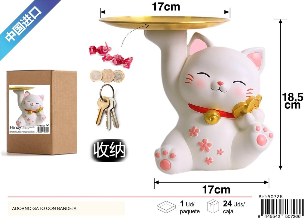 Adorno de gato con bandeja, diseño de monedas y flores de cerezo
