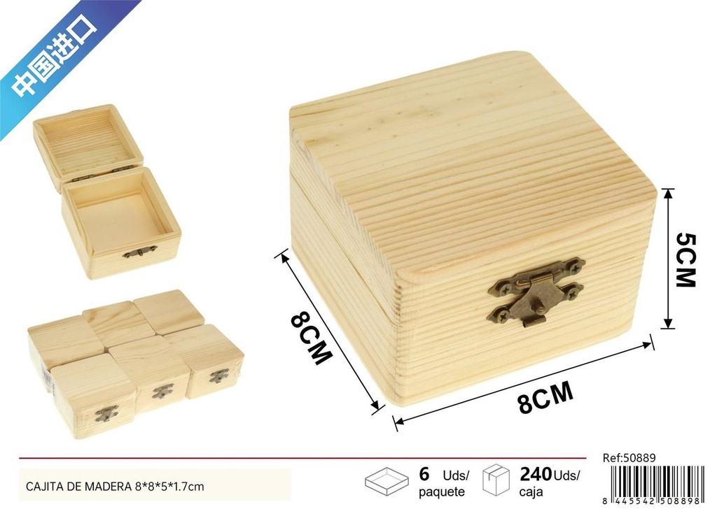 Cajita de madera 8x8x5x1.7cm para almacenamiento