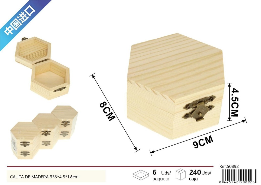 Cajita de madera hexagonal 9x8x4.5cm 6pcs para decoración y almacenamiento