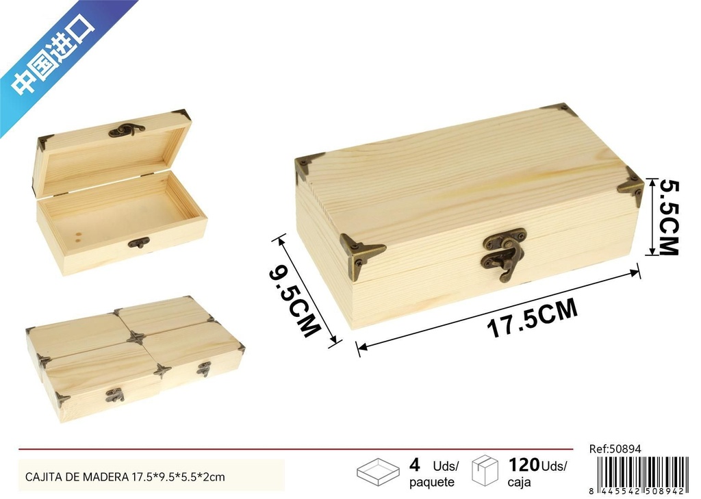 Cajita de madera rectangular pequeña 17.5x9.5x5.5 cm - Decoración para el hogar