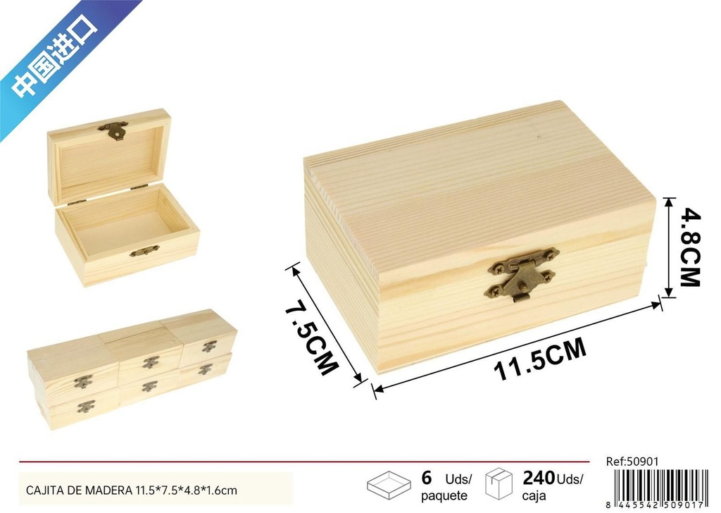 Cajita de madera rectangular 11.5x7.5x4.8x1.6cm para almacenamiento y decoración