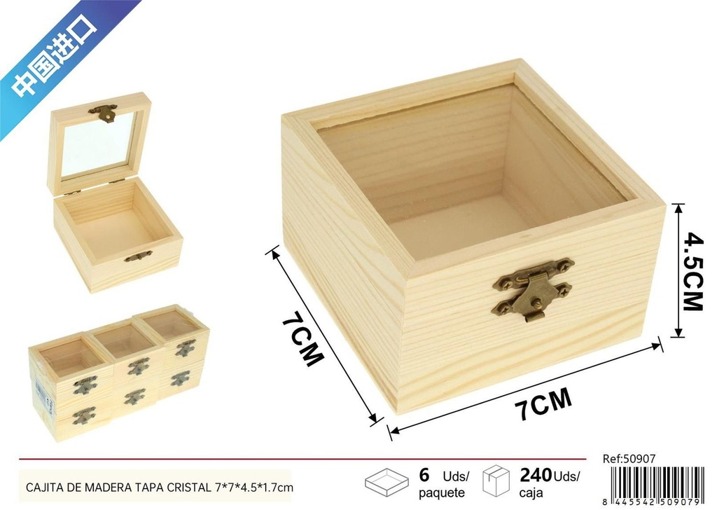 Cajita de madera tapa de cristal 7x7x4.5x1.7cm - Decoración y almacenamiento