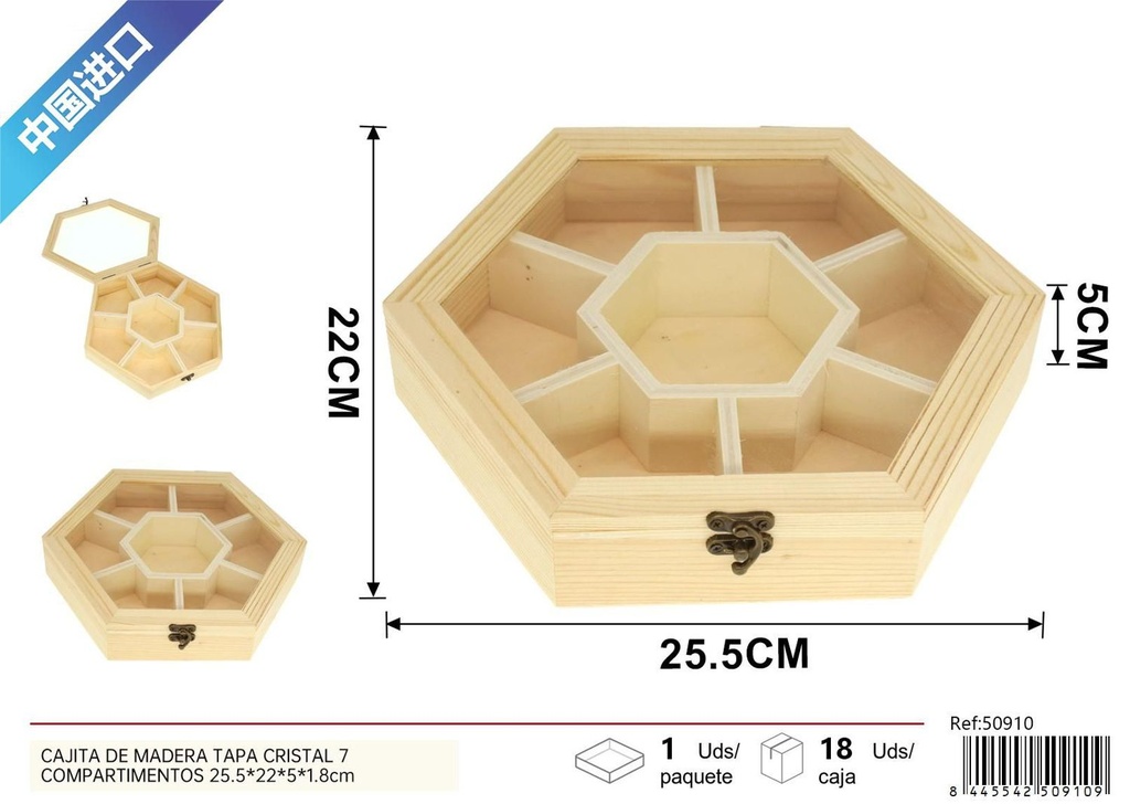 Caja de madera con tapa de cristal 7 compartimentos 25.5x22x5x1.8cm