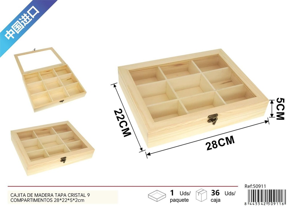 Cajita de madera con tapa de cristal y 9 compartimentos 28x22x5x2cm