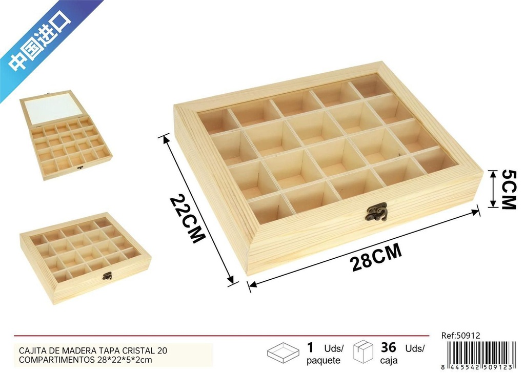 Cajita de madera con tapa de cristal 20 compartimentos 28x22x5x2cm para organización