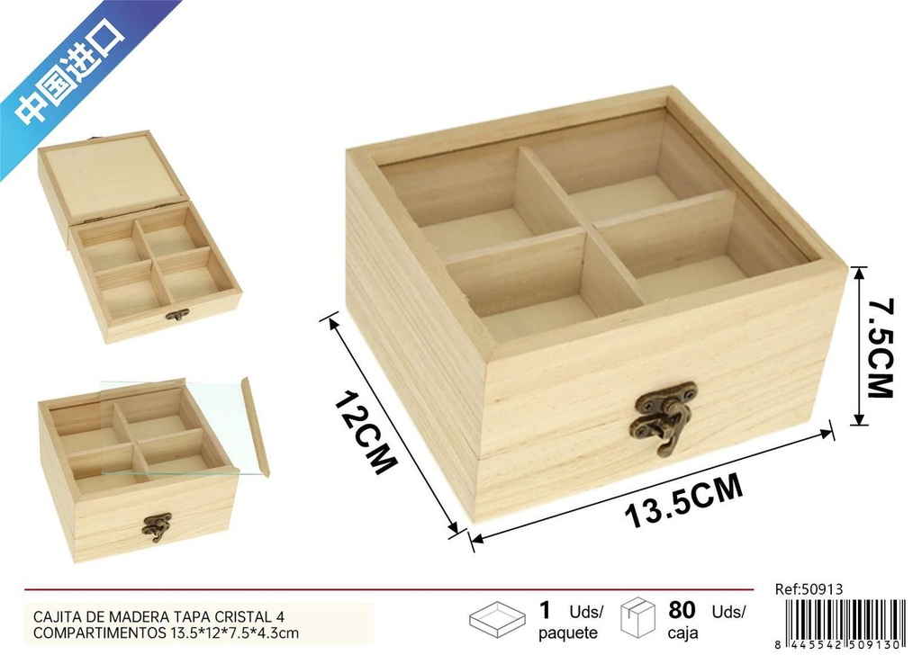 Cajita de madera con tapa cristal 4 compartimentos 13.5x12x7.5x4.3cm