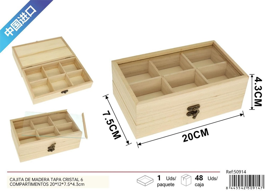 Cajita de madera tapa cristal 6 compartimentos 20x12x7.5x4.3cm para organización