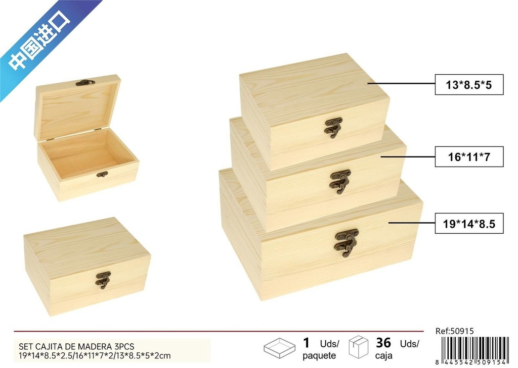 Set de 3 cajitas de madera rectangular de pino (sin esquinas redondeadas) - Decoración del hogar