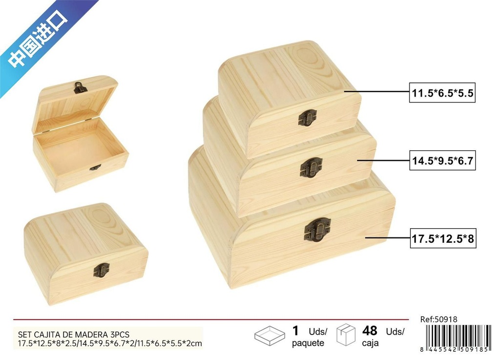 Set de cajitas de madera 3 pcs 17.5x12.5x8x2.5 / 14.5x9.5x6.7x2 / 11.5x6.5x5.5x2 cm para almacenamiento