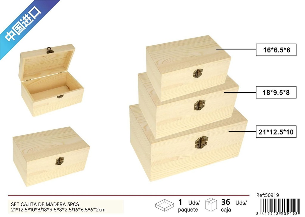 Set de cajitas de madera 3pcs para almacenamiento