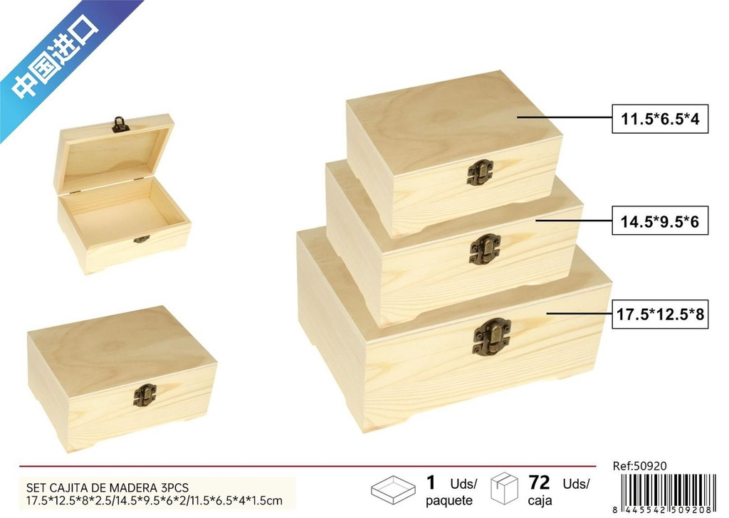 Set cajita de madera 3pcs 17.5x12.5x8x2.5/14.5x9.5x6x2/11.5x6.5x4x1.5cm para organización