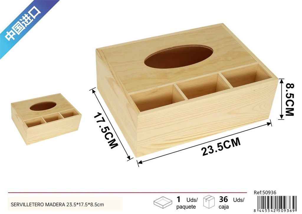 Servilletero de madera con 3 compartimentos 23.5x17.5x8.5cm para cocina