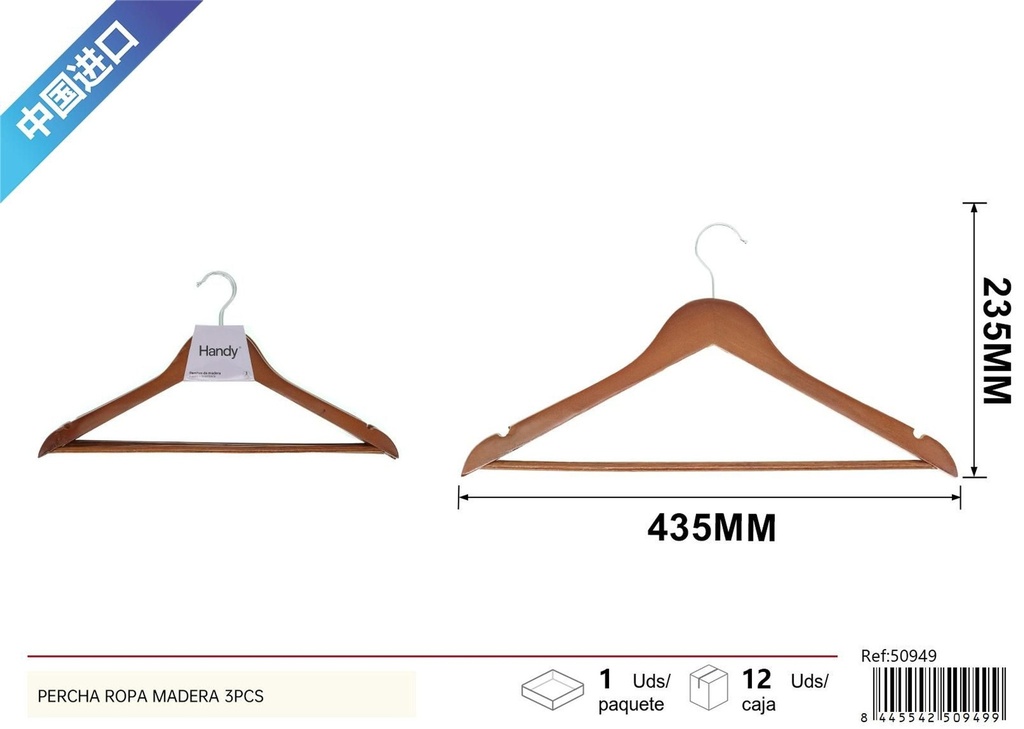 Percha de ropa de madera color natural 3 piezas - Organización y almacenamiento