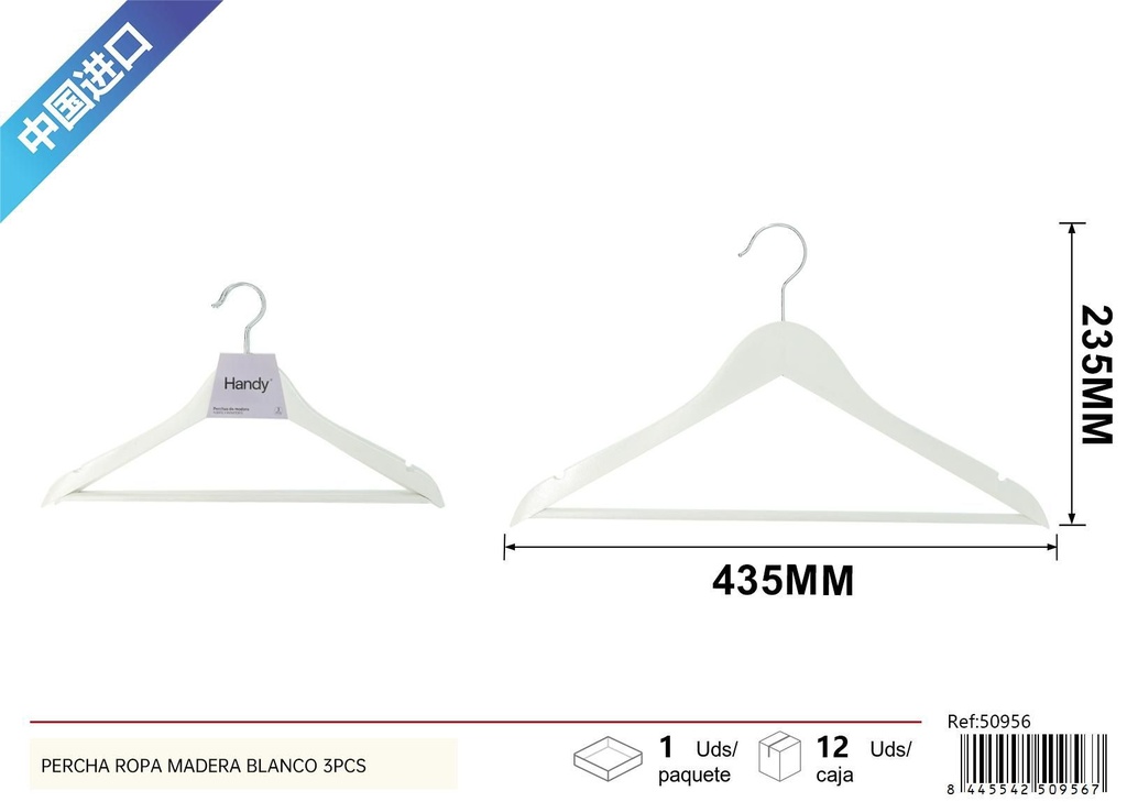 Percha de ropa de madera blanca 3 piezas - Organización del hogar y perchas