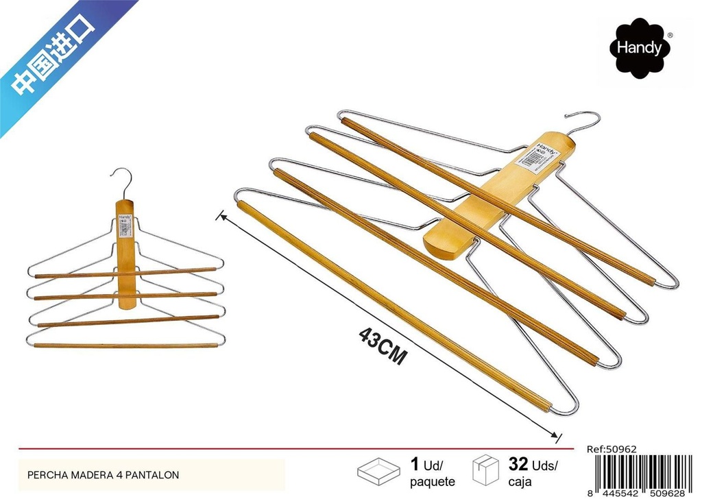 Percha de madera para pantalones 4 unidades - Organizador de ropa