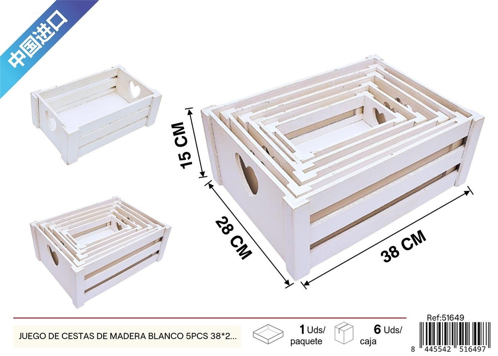 Juego de cestas de madera blanco 5 piezas 38x28x15x3.5 cm - Decoración del hogar