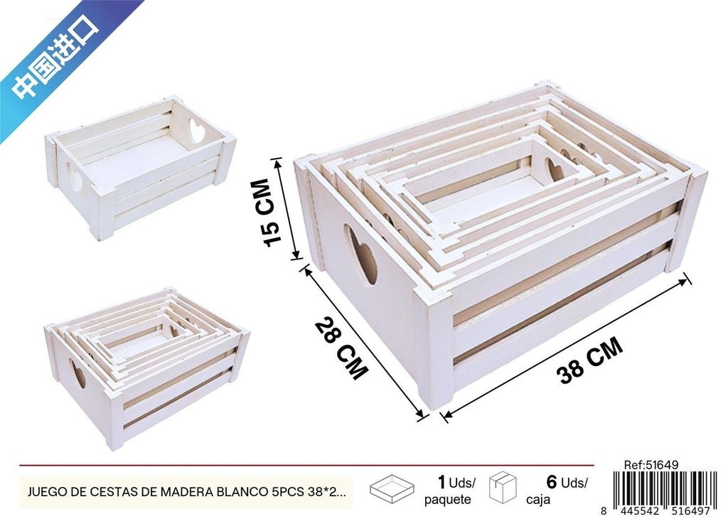 Juego de cestas de madera blanco 5pcs 38x28x15x3.5cm para almacenamiento