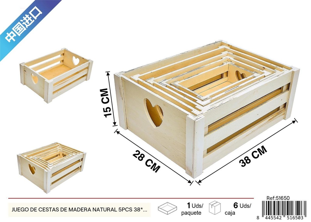 Juego de cestas de madera natural 5 piezas 38x28x15x3.5 cm - Decoración del hogar