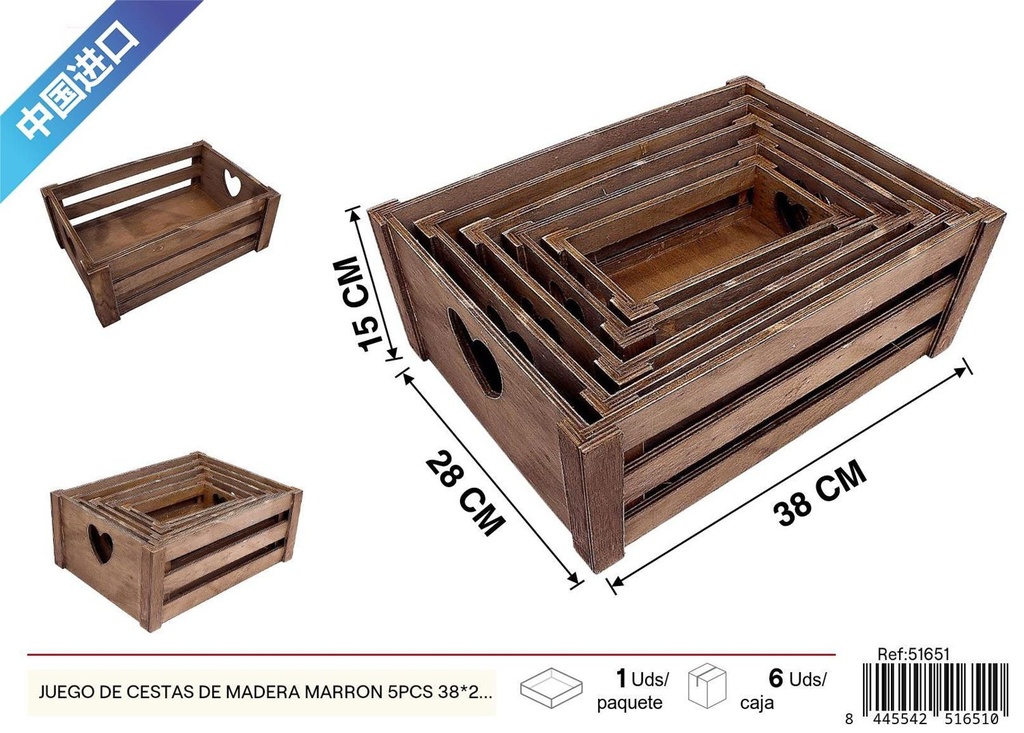 Juego de cestas de madera marrón 5pcs 38x28x15cm para almacenamiento