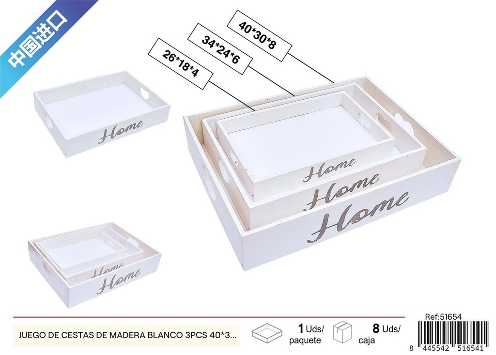 Juego de cestas de madera blanco 3 piezas 40x30x8cm para almacenamiento