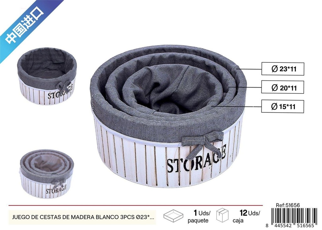 Juego de cestas de madera blancas con tela 3 piezas Ø23*11 cm - Decoración del hogar